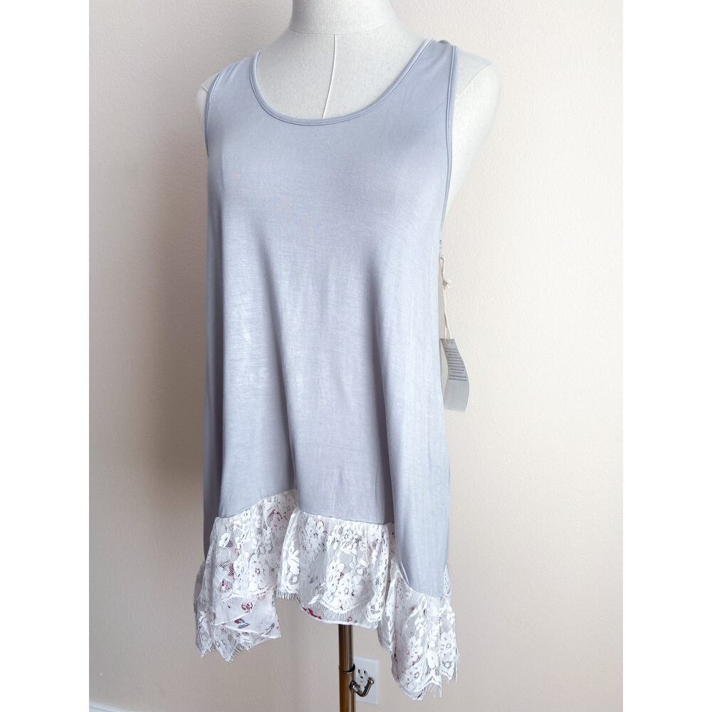 NEW Women's Gray Lace Trim Sleeveless Tank Top Large Lace Tunic Swim Coverup